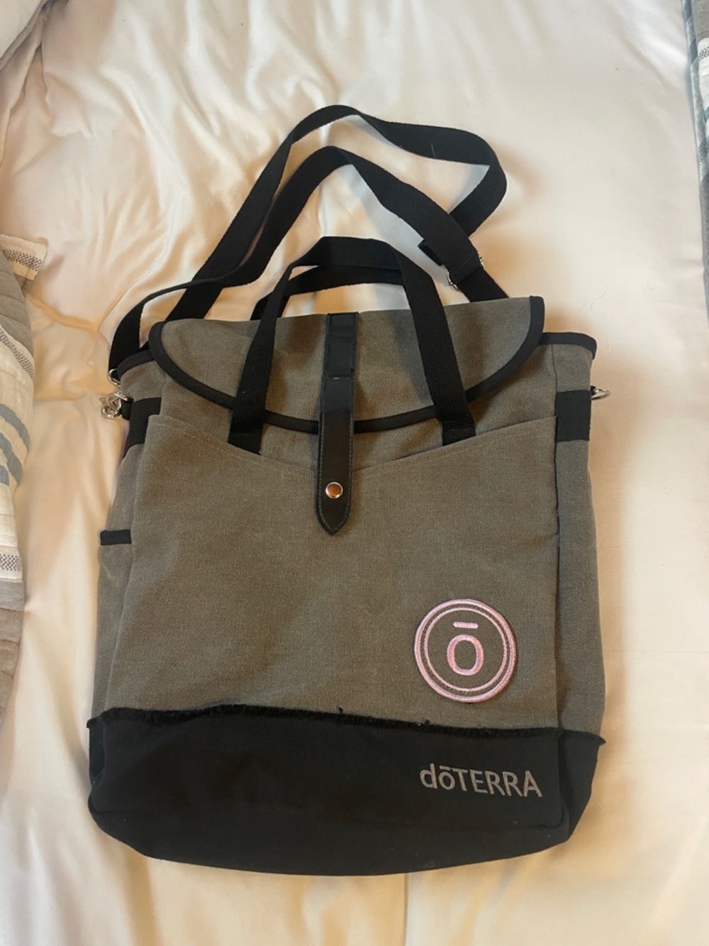 Doterra Gray Canvas Tote with Black Trim and Pink Logo